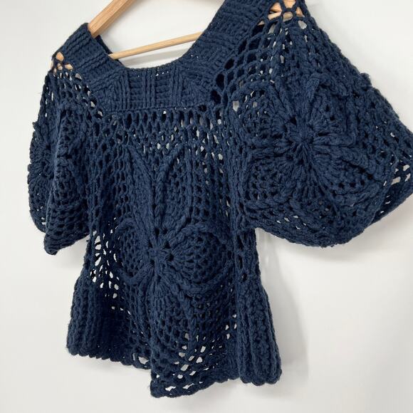 Sheson Crochet Sweater Small Open Knit Navy Blue Short Puff Sleeve Pullover Top - Picture 6 of 10